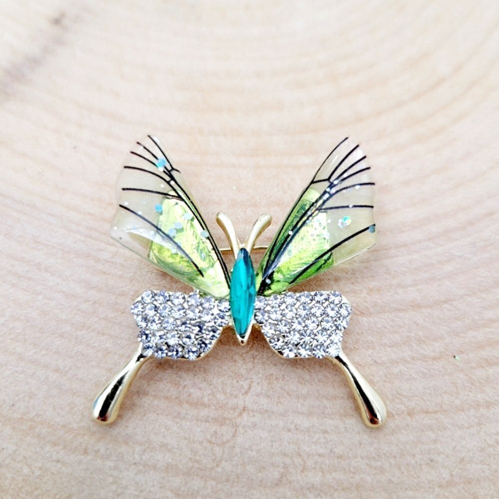 Brand New Gold Tone Silver & Green Butterfly Rhinestone Brooch Pin